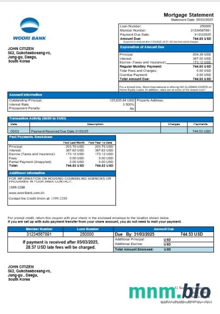 Korea Południowa Woori Bank wyciąg z kredytu hipotecznego w formatach Word i PDF